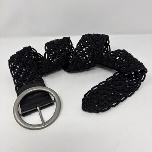 Black Woven Net Belt With Leather Accent  And Silver Circle Buckle Size M